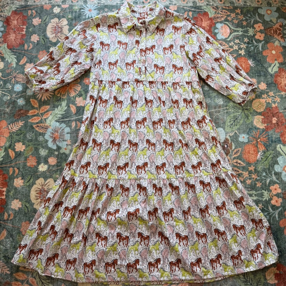Maeve by Anthropologie Horse Print Tiered Midi Shirt Dress Cotton Multi Large - Picture 2 of 8